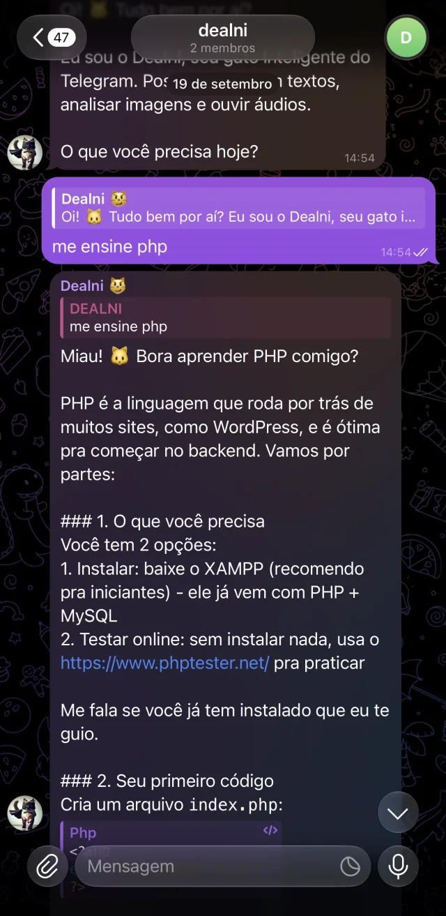 DealniBot respondendo a um pedido para ensinar PHP em um grupo do Telegram