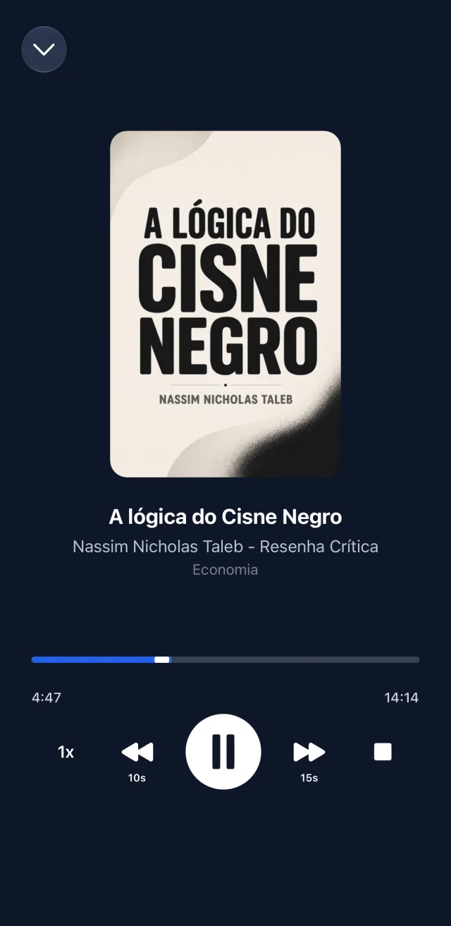 Player de áudio do Minutobooks tocando o resumo de A lógica do Cisne Negro