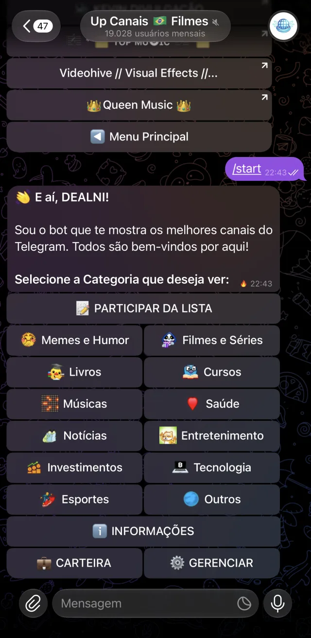 Menu inicial do UpCanaisBot no Telegram, com as categorias de canais